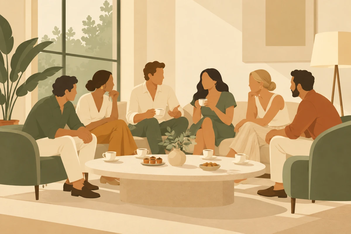 Ilustración de un grupo de amigos compartiendo café y pastelitos